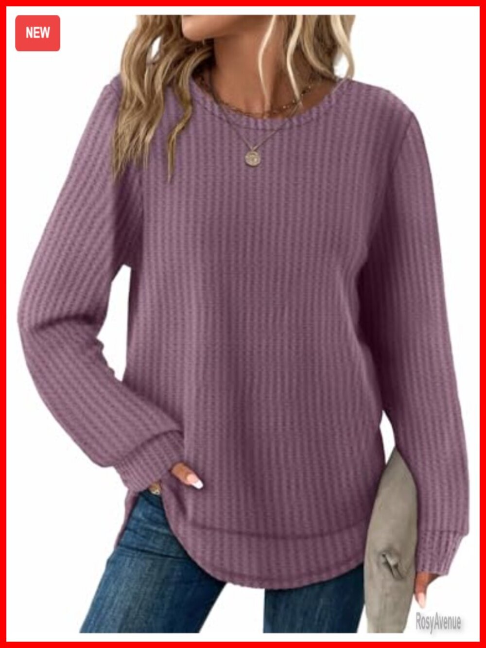 Waffle Knit Long Sleeve Tunic Top Crewneck Curved Hem Pullover